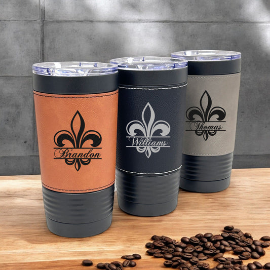 Fleur De Lis Personalized Black 20 oz Leather Tumbler