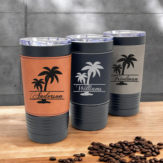 Palm Tree Personalized Black 20 oz Leather Tumbler