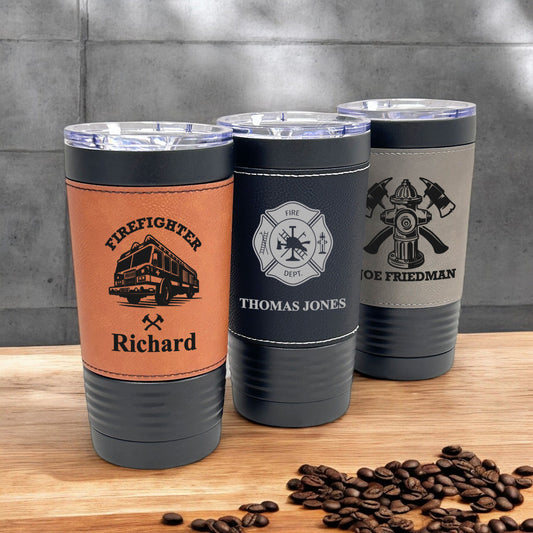 Firefighter Personalized Black 20 oz Leather Tumbler