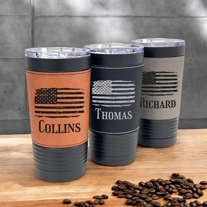 Patriotic Military Personalized Black 20 oz Leather Tumbler