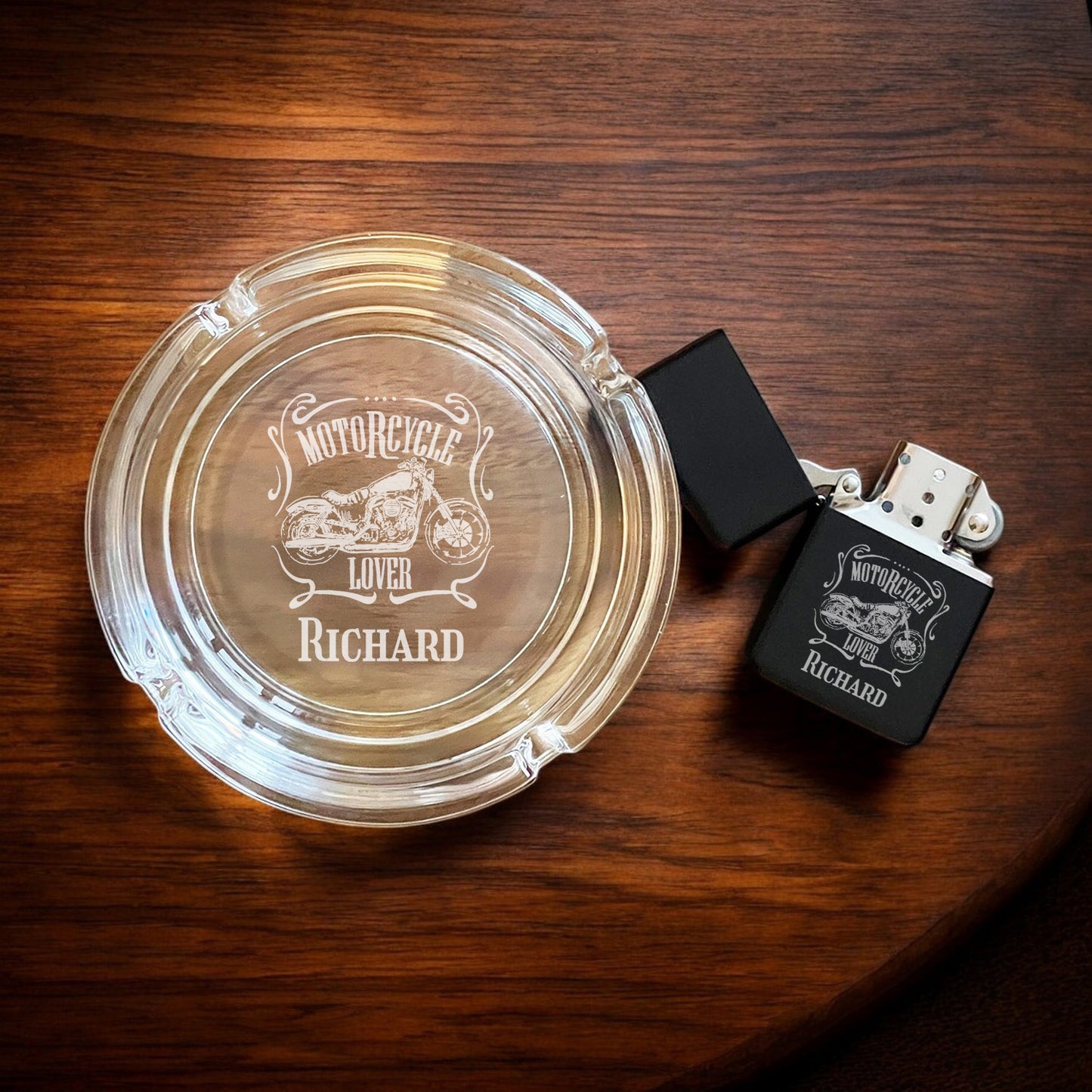 Motorcycle Rider Personalized Cigarette Ashtray and Lighter