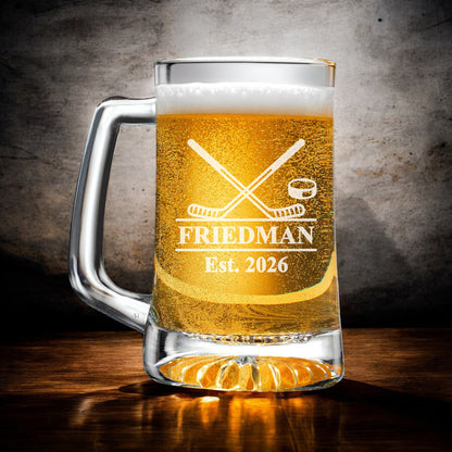 Hockey Personalized Beer Mug and Beer Pint Glass Set