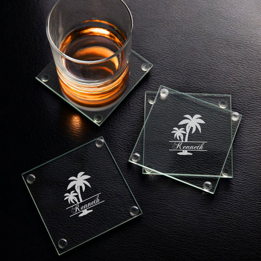 Palm Tree Personalized Glass Coasters, Set of 4