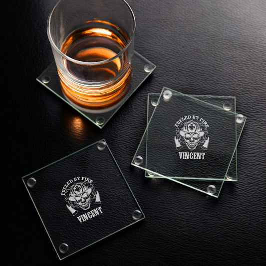 Firefighter Personalized Glass Coasters, Set of 4
