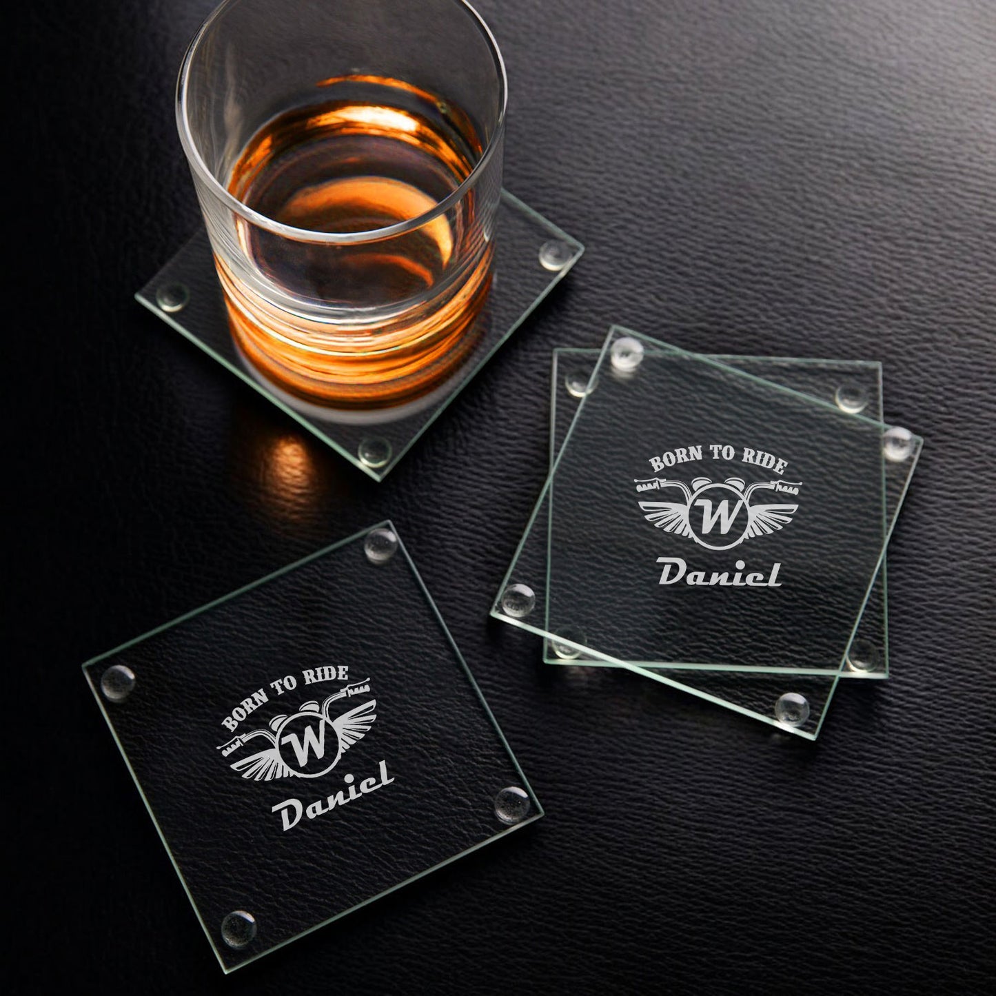 Motorcycle Rider Personalized Glass Coasters, Set of 4