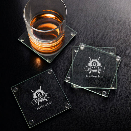 Pool Billiard Eight-Ball Personalized Glass Coasters, Set of 4