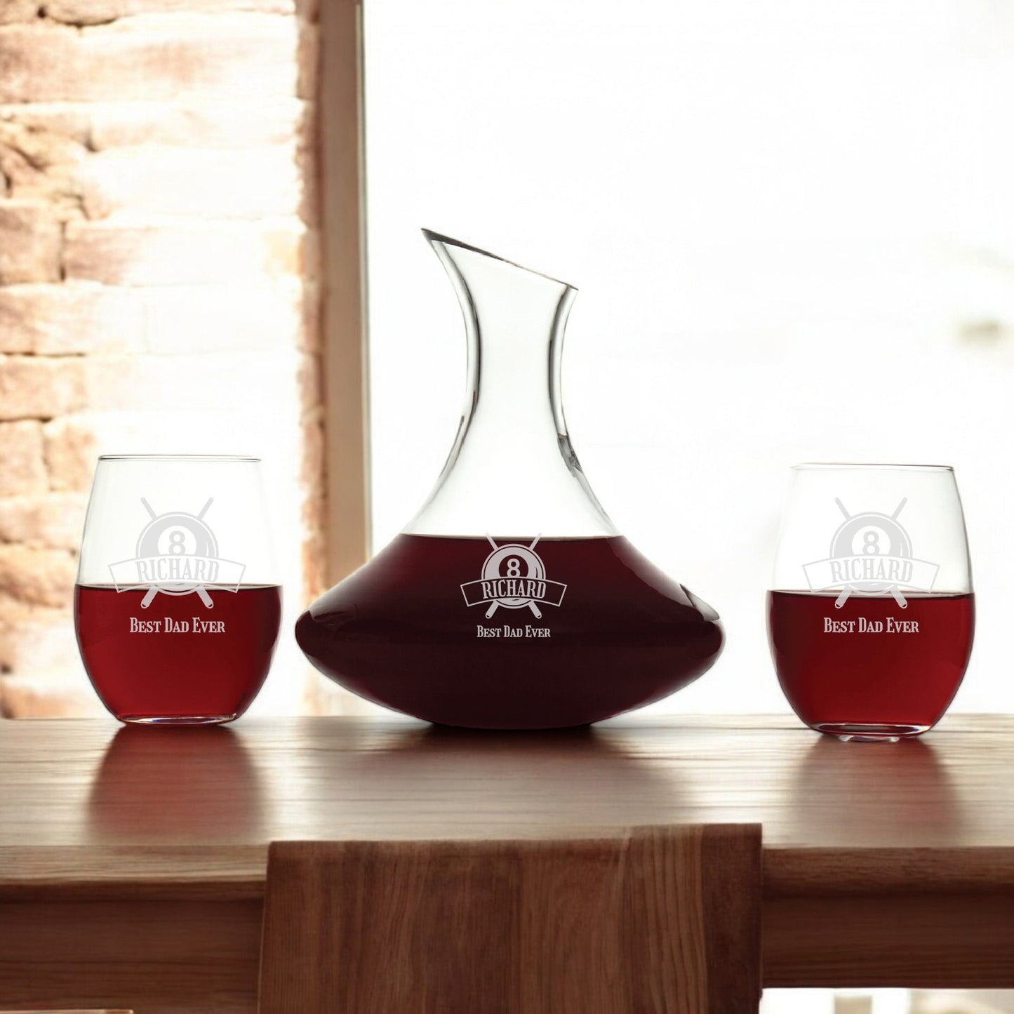 Pool Billiard Eight-Ball Personalized Wine Decanter with Wine Glass Set