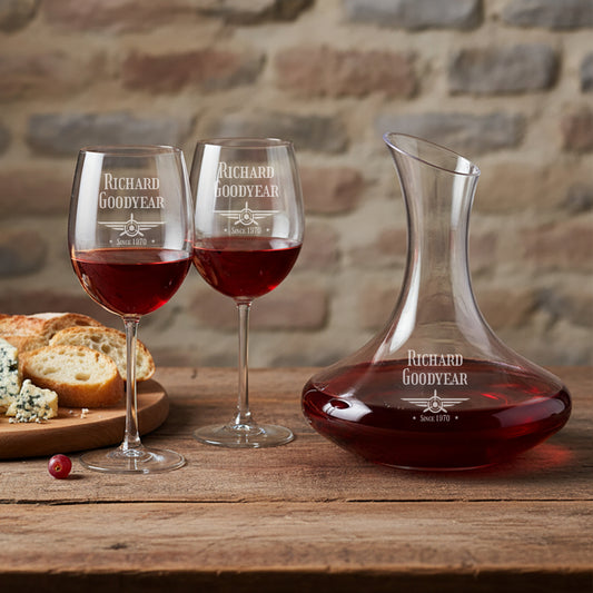 Aviator Pilot Personalized Wine Decanter with Wine Glass Set