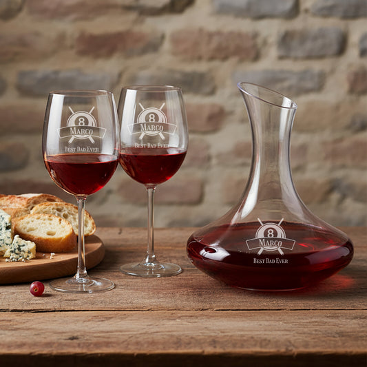 Pool Billiard Eight-Ball Personalized Wine Decanter with Wine Glass Set