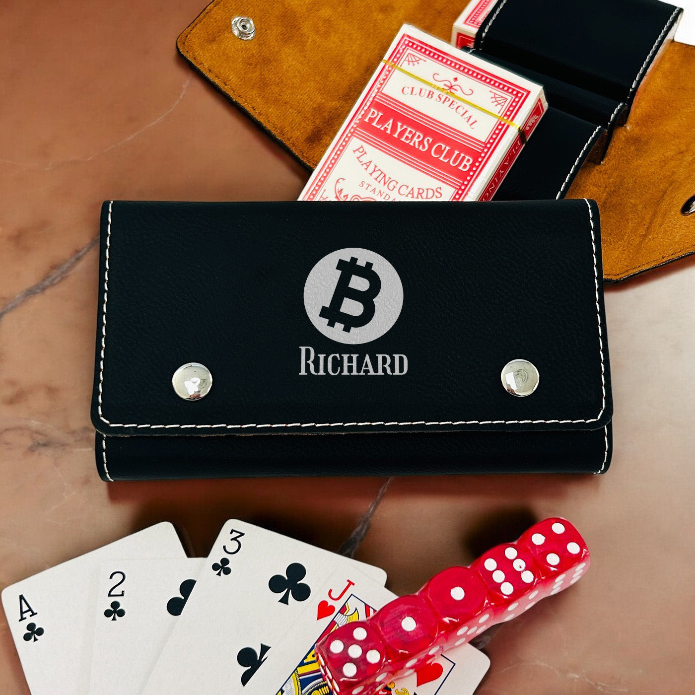 Bitcoin Personalized Leather Travel Case with Playing Cards and Dice Set