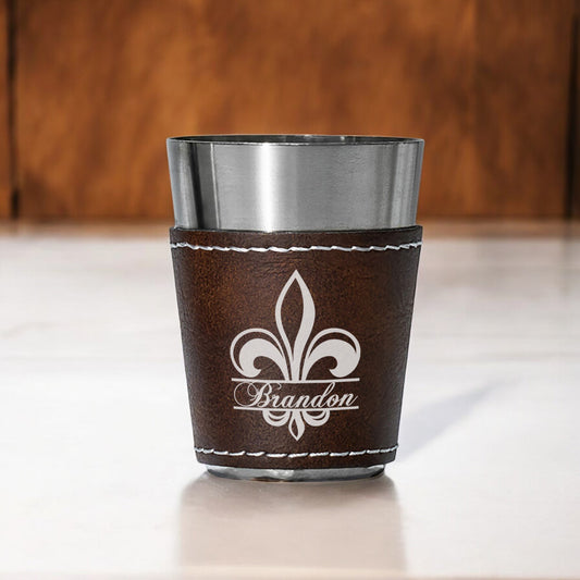 Fleur De Lis Personalized Leather Stainless Steel Shot Glass