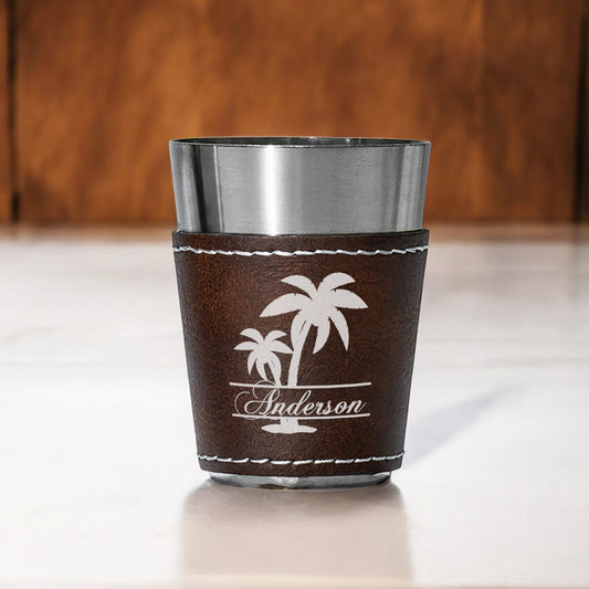 Palm Tree Personalized Leather Stainless Steel Shot Glass