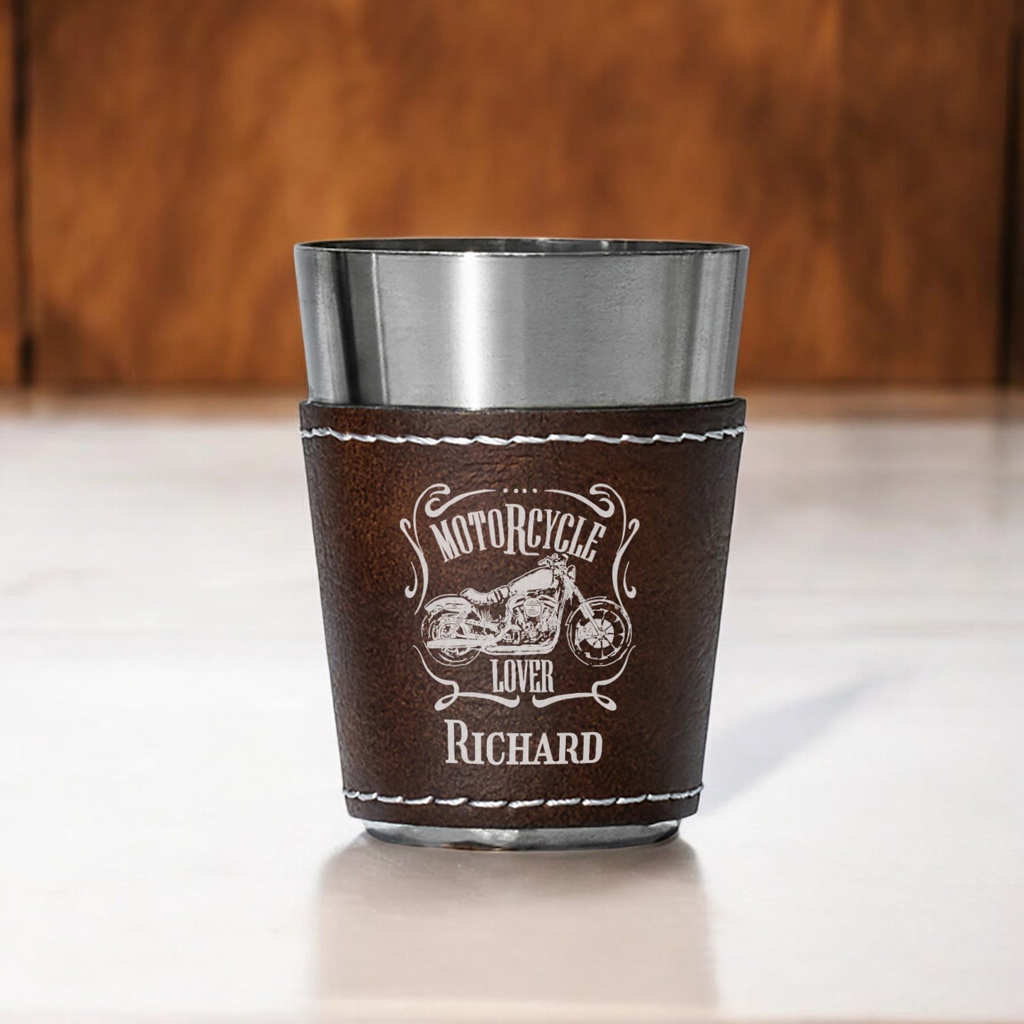 Motorcycle Rider Personalized Leather Stainless Steel Shot Glass