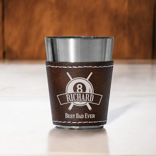 Pool Billiard Eight-Ball Personalized Leather Stainless Steel Shot Glass