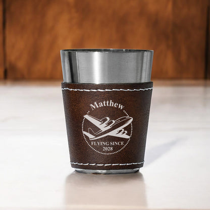 Aviator Pilot Personalized Leather Stainless Steel Shot Glass
