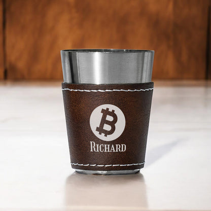Bitcoin Crypto Personalized Leather Stainless Steel Shot Glass