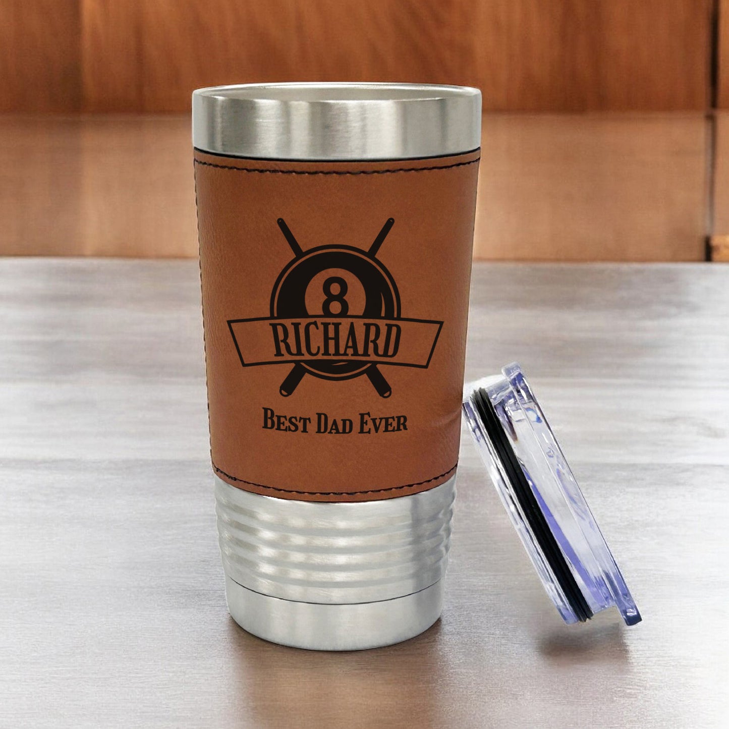 Pool Billiard Eight-Ball Personalized 20 oz. Leather Tumbler