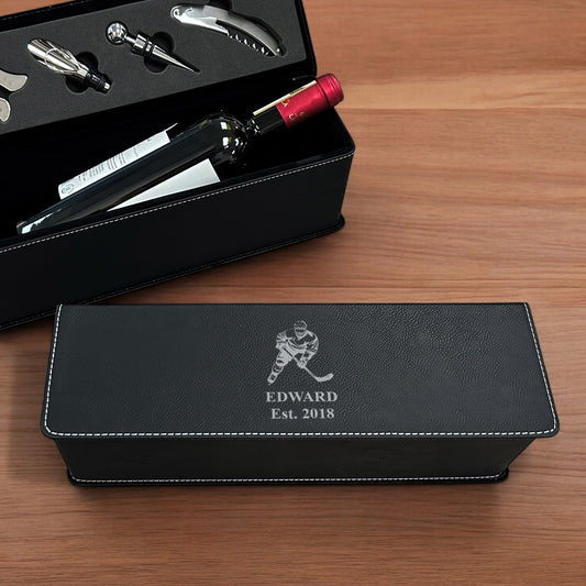 Hockey Personalized Leather Wine Bottle Accessory Gift Box