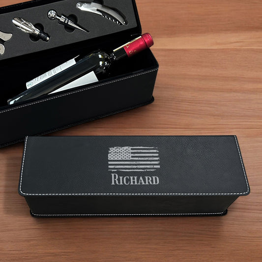 Patriotic Military Personalized Leather Wine Bottle Accessory Gift Box