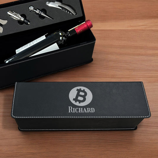 Bitcoin Crypto Personalized Leather Wine Bottle Accessory Gift Box