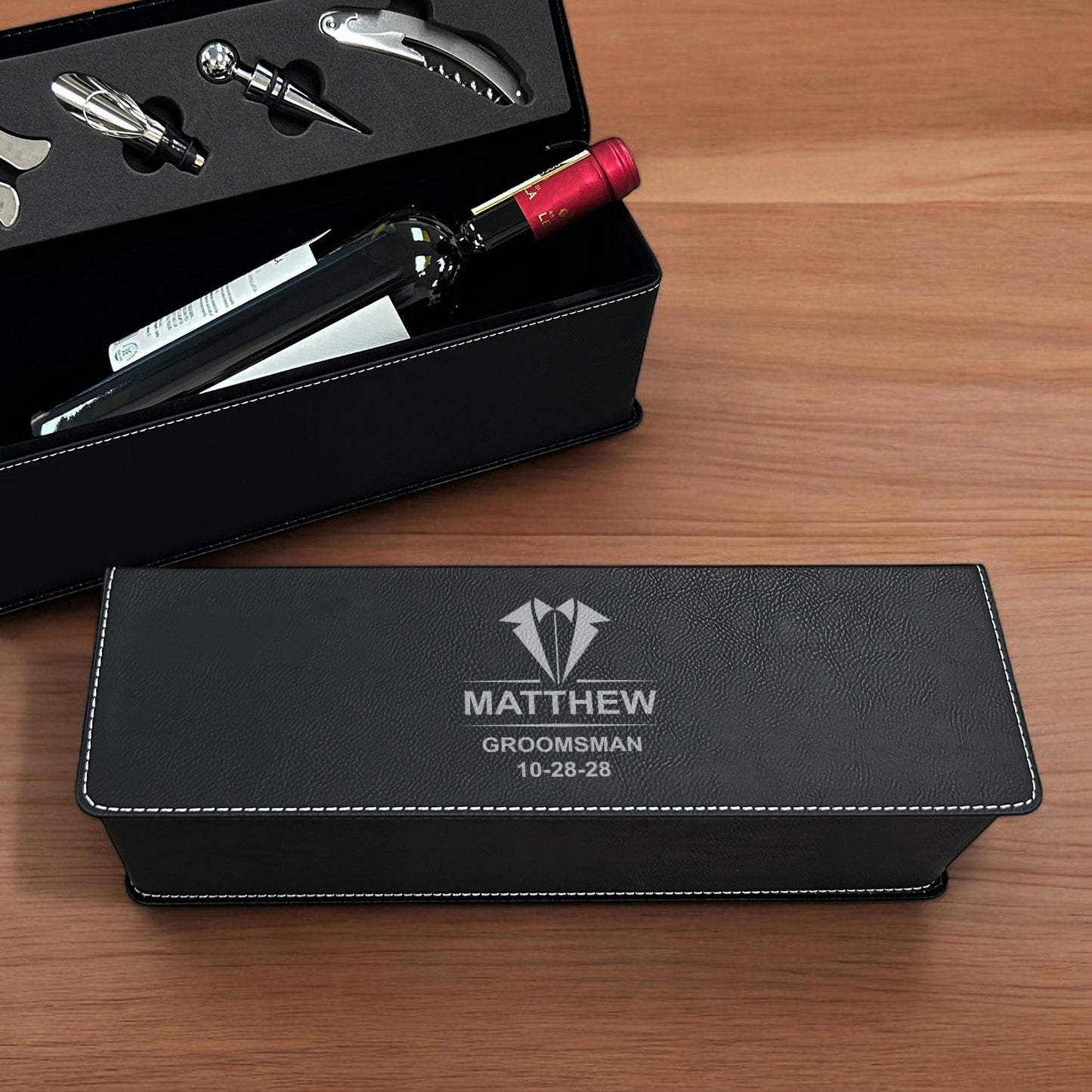 Groomsmen Personalized Leather Wine Bottle Accessory Gift Box