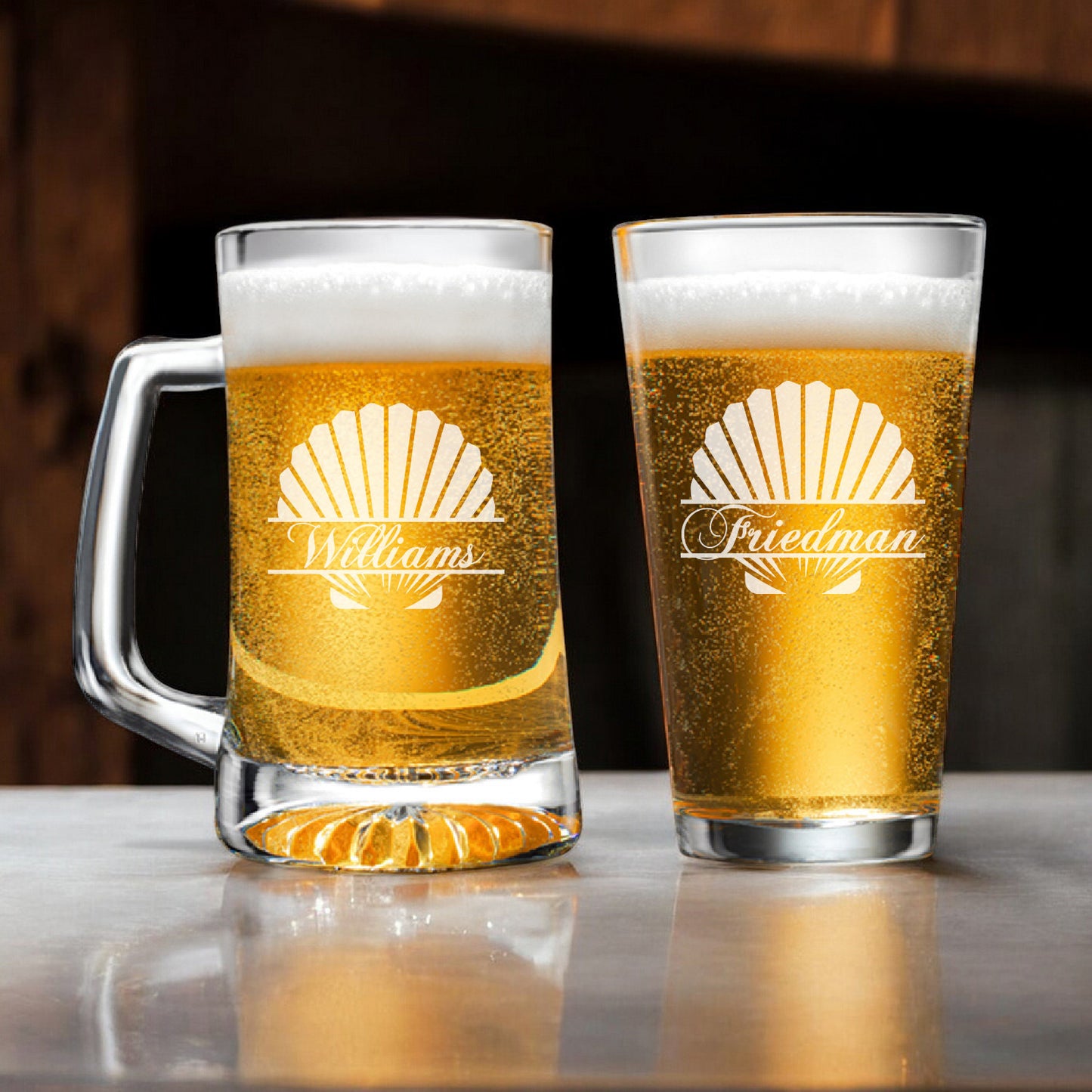 Seashell Personalized Beer Mug and Beer Pint Glass Set