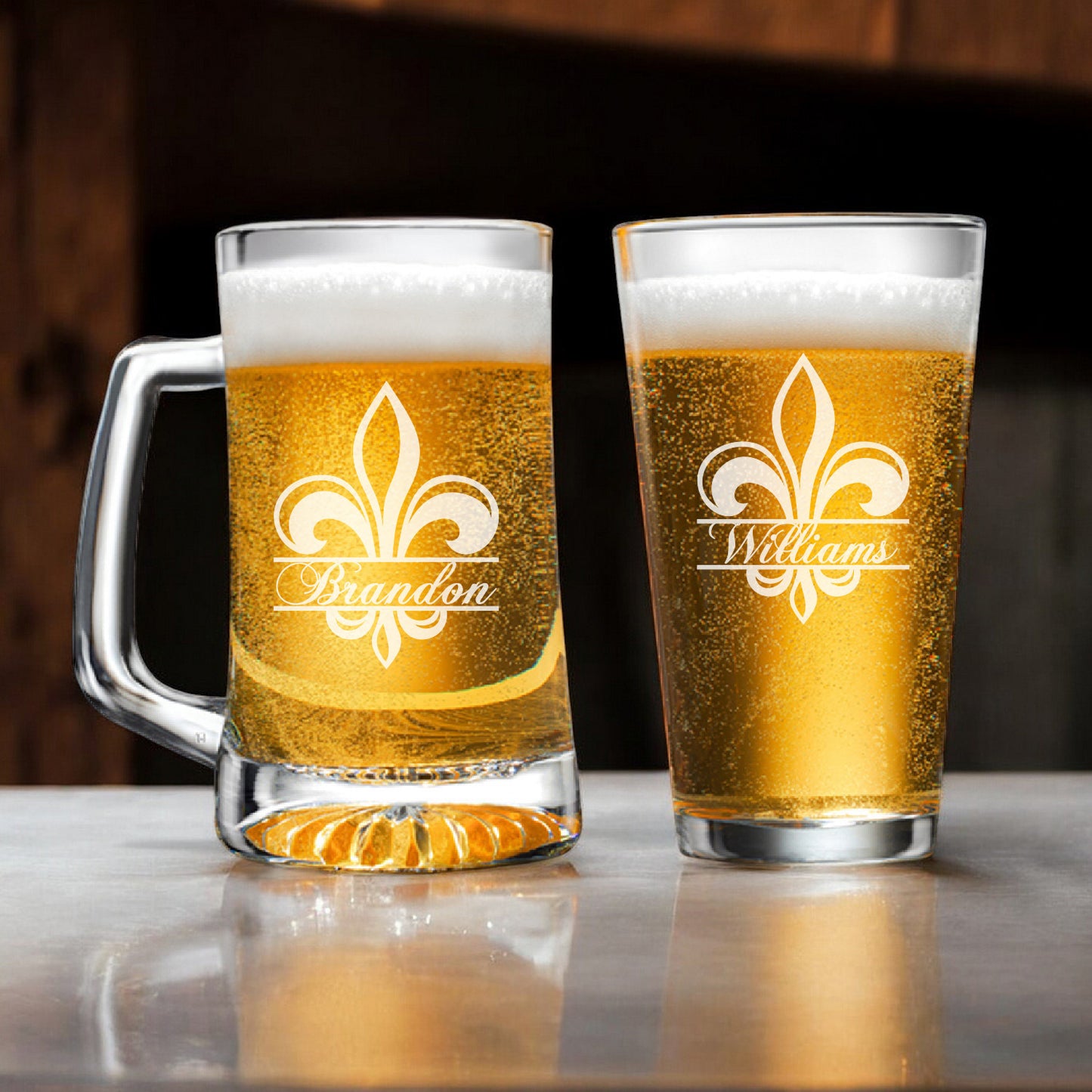 Fleur De Lis Personalized Beer Mug and Beer Pint Glass Set