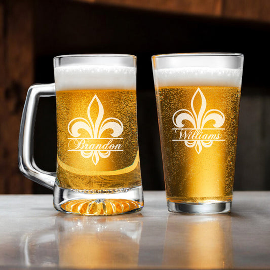 Fleur De Lis Personalized Beer Mug and Beer Pint Glass Set