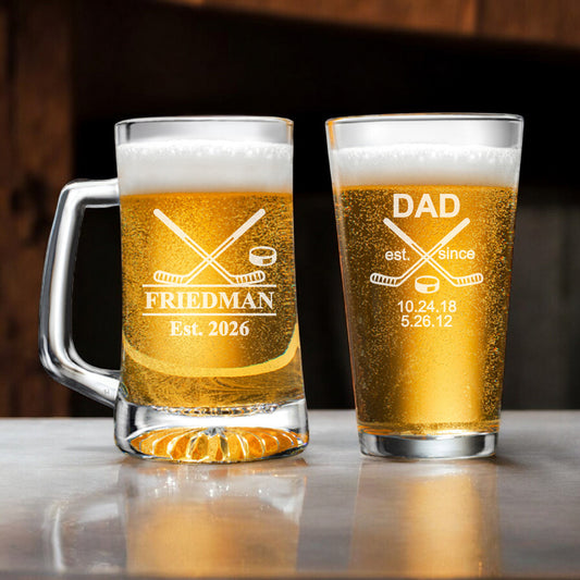 Hockey Personalized Beer Mug and Beer Pint Glass Set