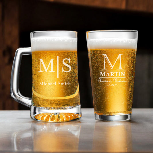 Monogram Personalized Beer Mug and Beer Pint Glass Set