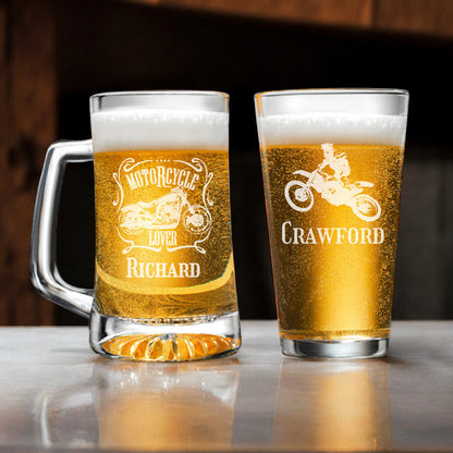 Motorcycle Rider Personalized Beer Mug and Beer Pint Glass Set