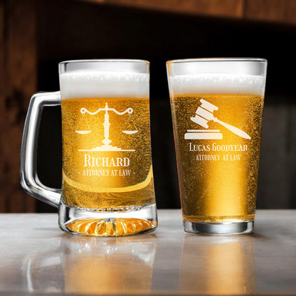 Lawyer Personalized Beer Mug and Beer Pint Glass Set
