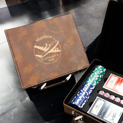 Aviator Pilot Personalized Leather Poker Gift Set
