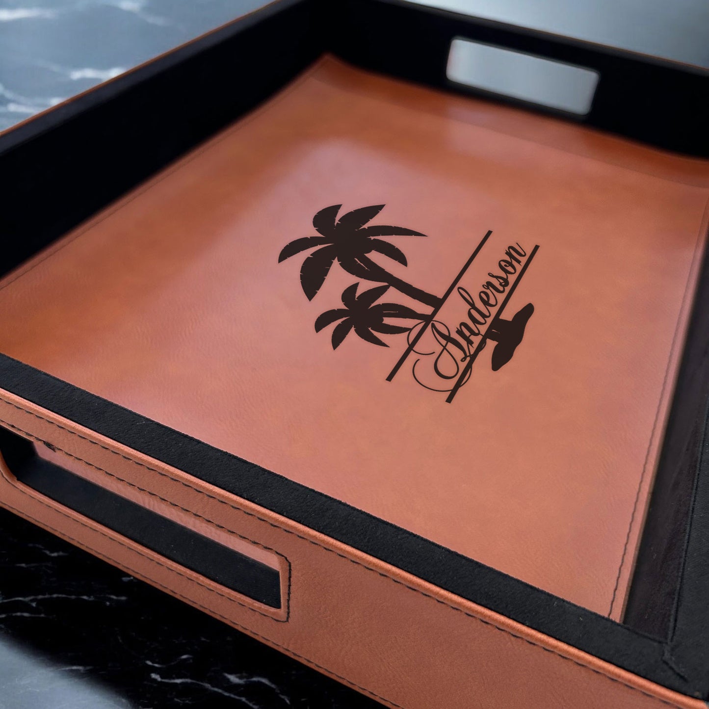 Palm Tree Personalized Rectangle Leather Serving Tray