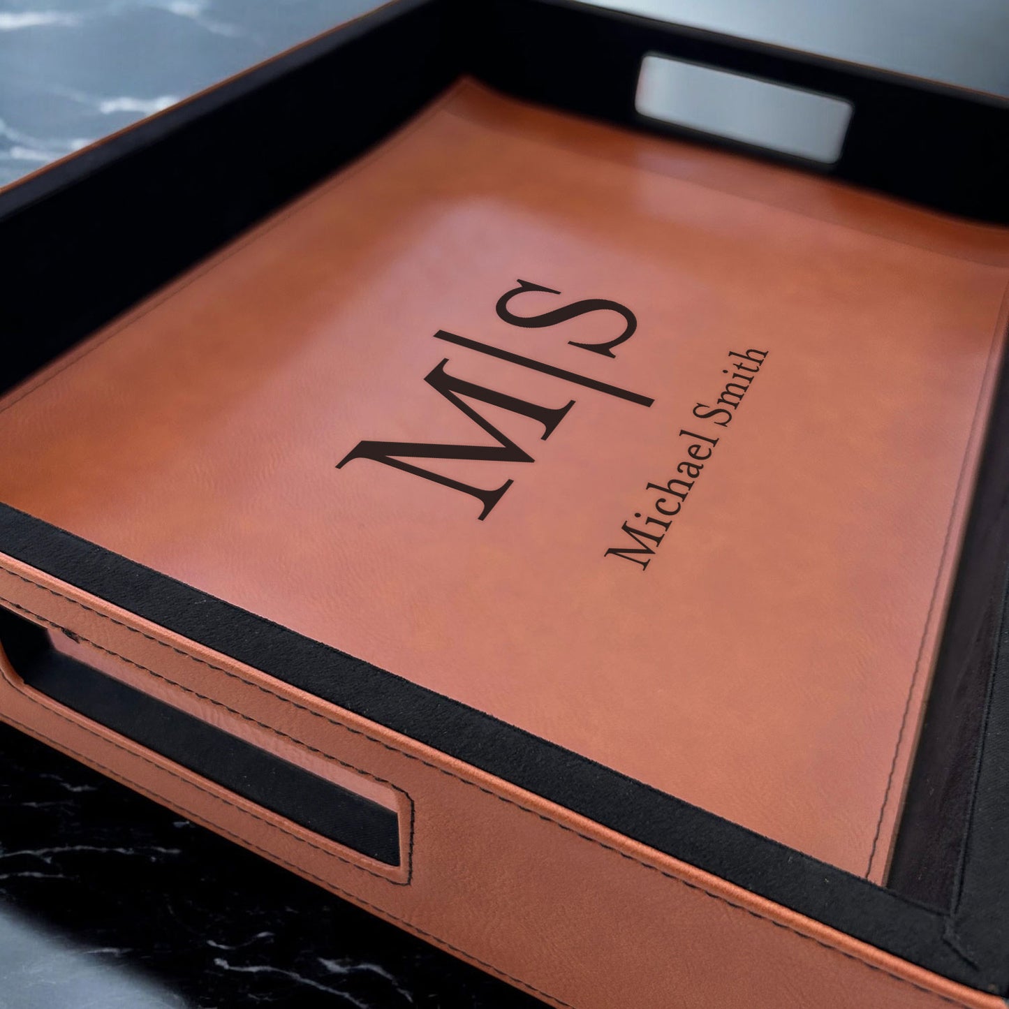 Monogram Personalized Rectangle Leather Serving Tray