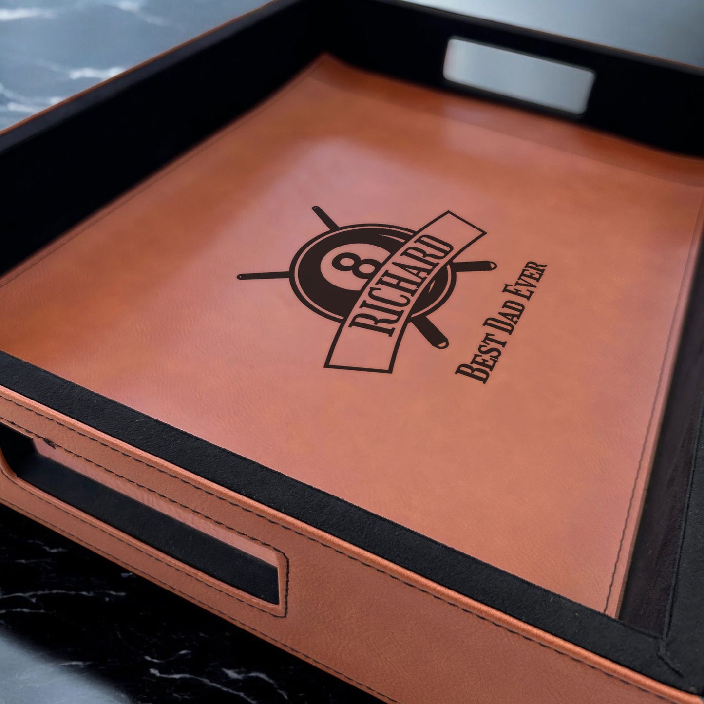 Pool Billiard Eight-Ball Personalized Rectangle Leather Serving Tray