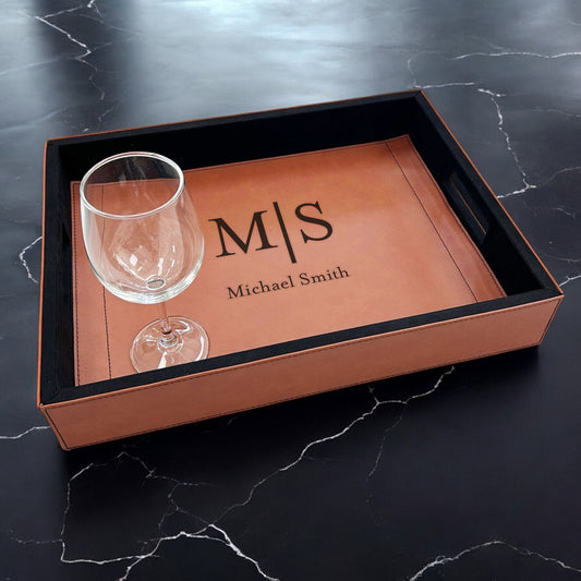 Monogram Personalized Rectangle Leather Serving Tray
