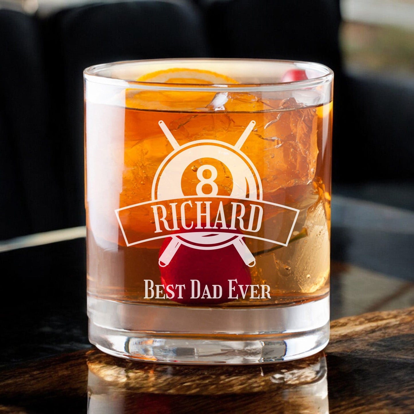 Pool Billiard Eight-Ball Personalized Whiskey Decanter with Whiskey Rocks Glasses Set - 3pc