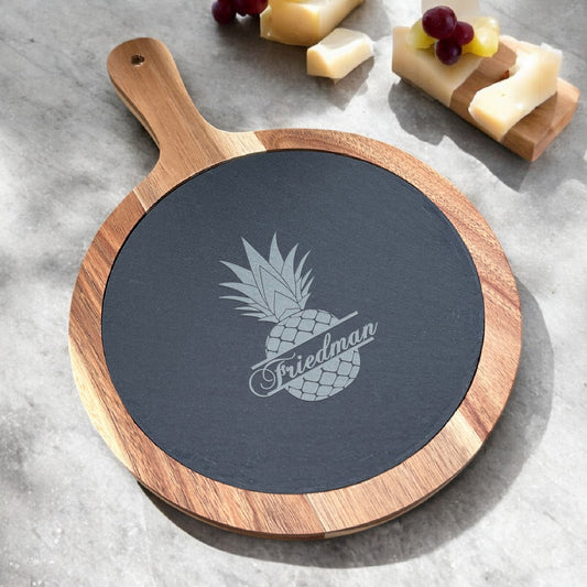 Pineapple Personalized Round Slate Paddle Cheese Board