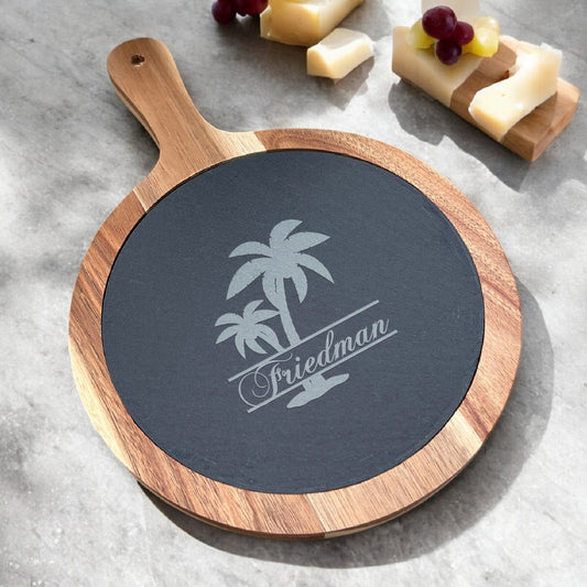 Palm Tree Personalized Round Slate Paddle Cheese Board