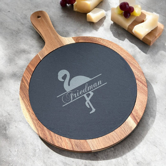 Flamingo Personalized Round Slate Paddle Cheese Board