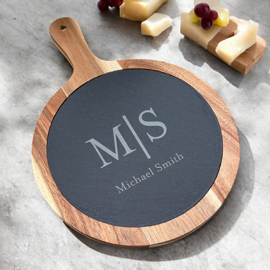 Monogram Personalized Round Slate Paddle Cheese Board