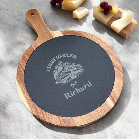 Firefighter Personalized Round Slate Paddle Cheese Board