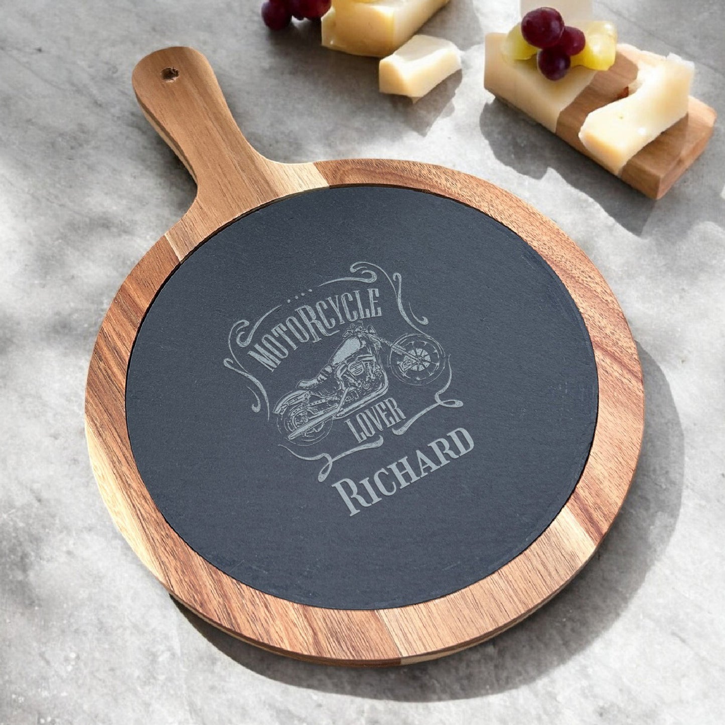 Motorcycle Rider Personalized Round Slate Paddle Cheese Board