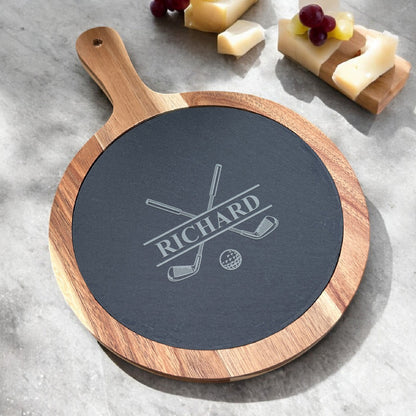 Golf Personalized Round Slate Paddle Cheese Board