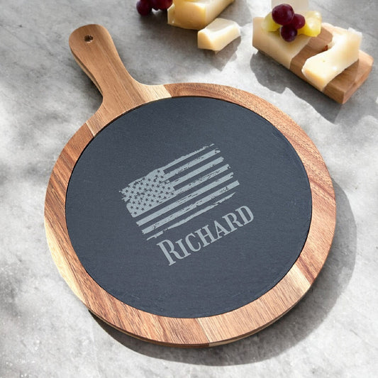 Patriotic Military Personalized Round Slate Paddle Cheese Board