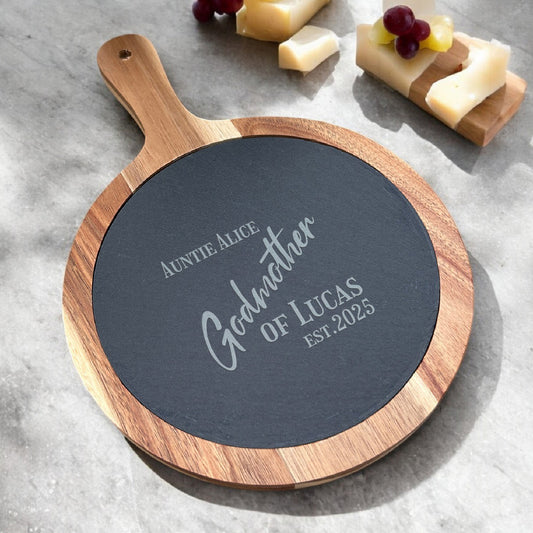 Godmother Personalized Round Slate Paddle Cheese Board