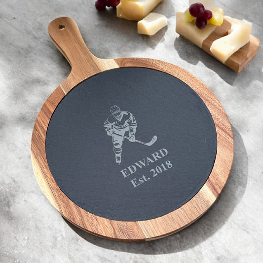 Hockey Personalized Round Slate Paddle Cheese Board
