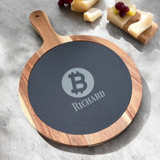 Bitcoin Personalized Round Slate Paddle Cheese Board