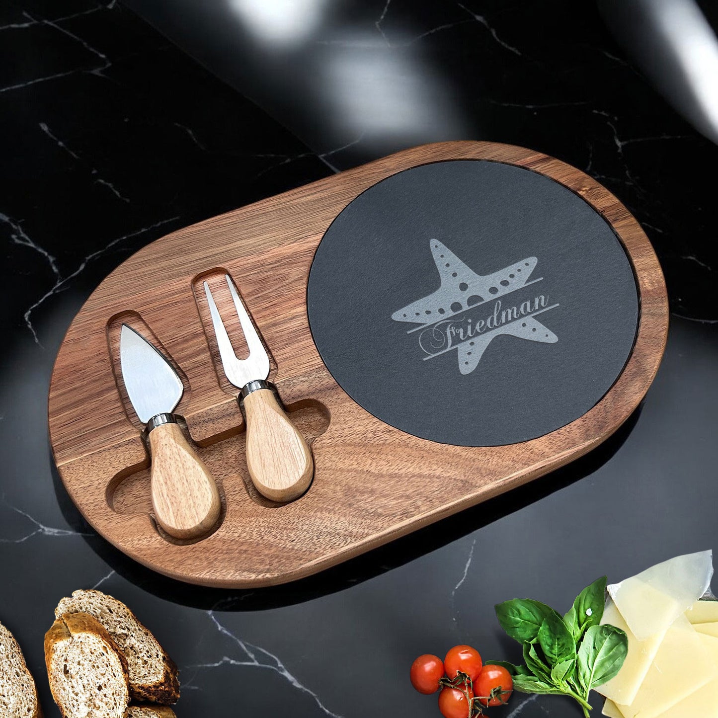Starfish Personalized Oval Slate & Wood Cheese Board